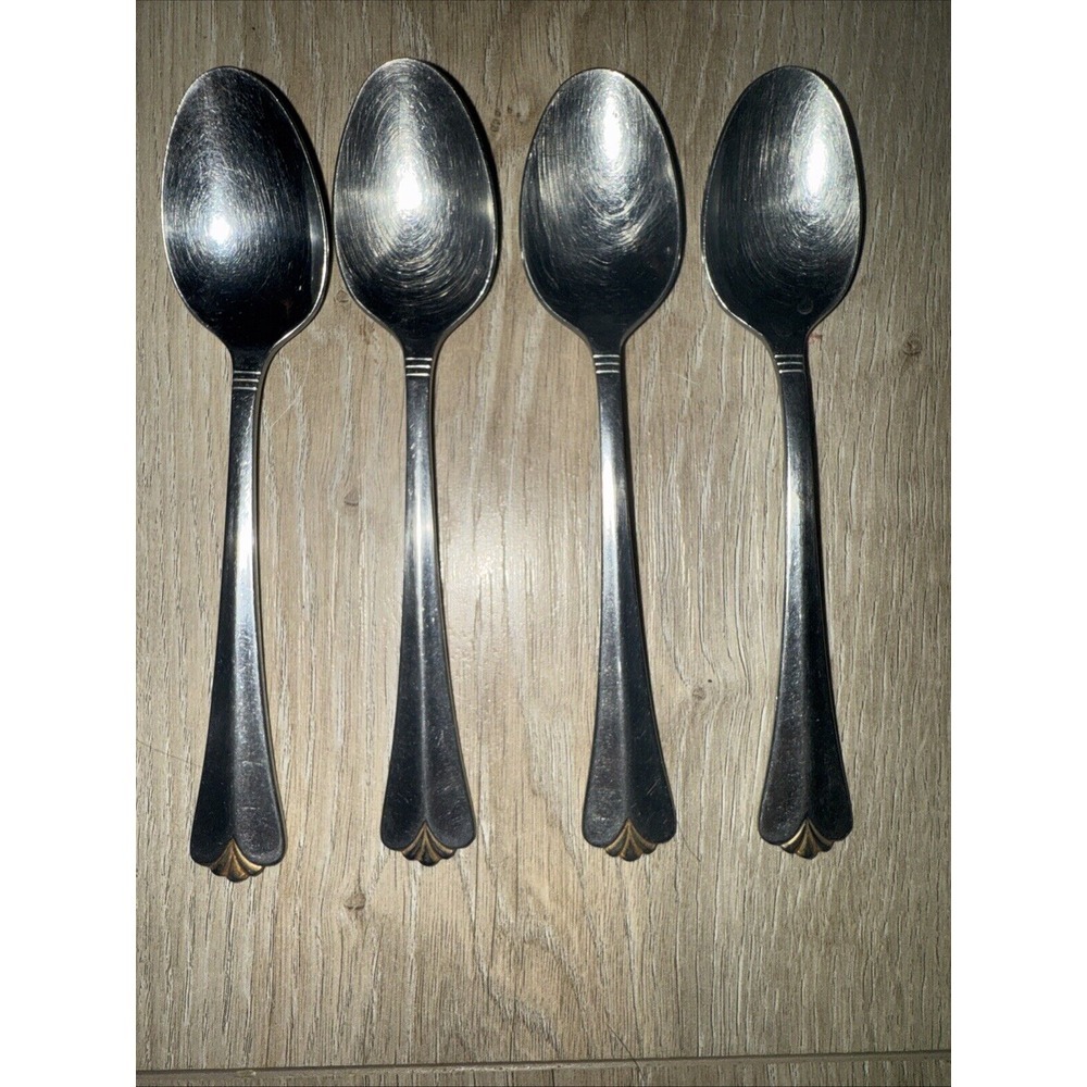 4 PCs Rogers COUNTRY SHELL GOLD Glossy Gold Tip Flatware Teaspoons‎ *read